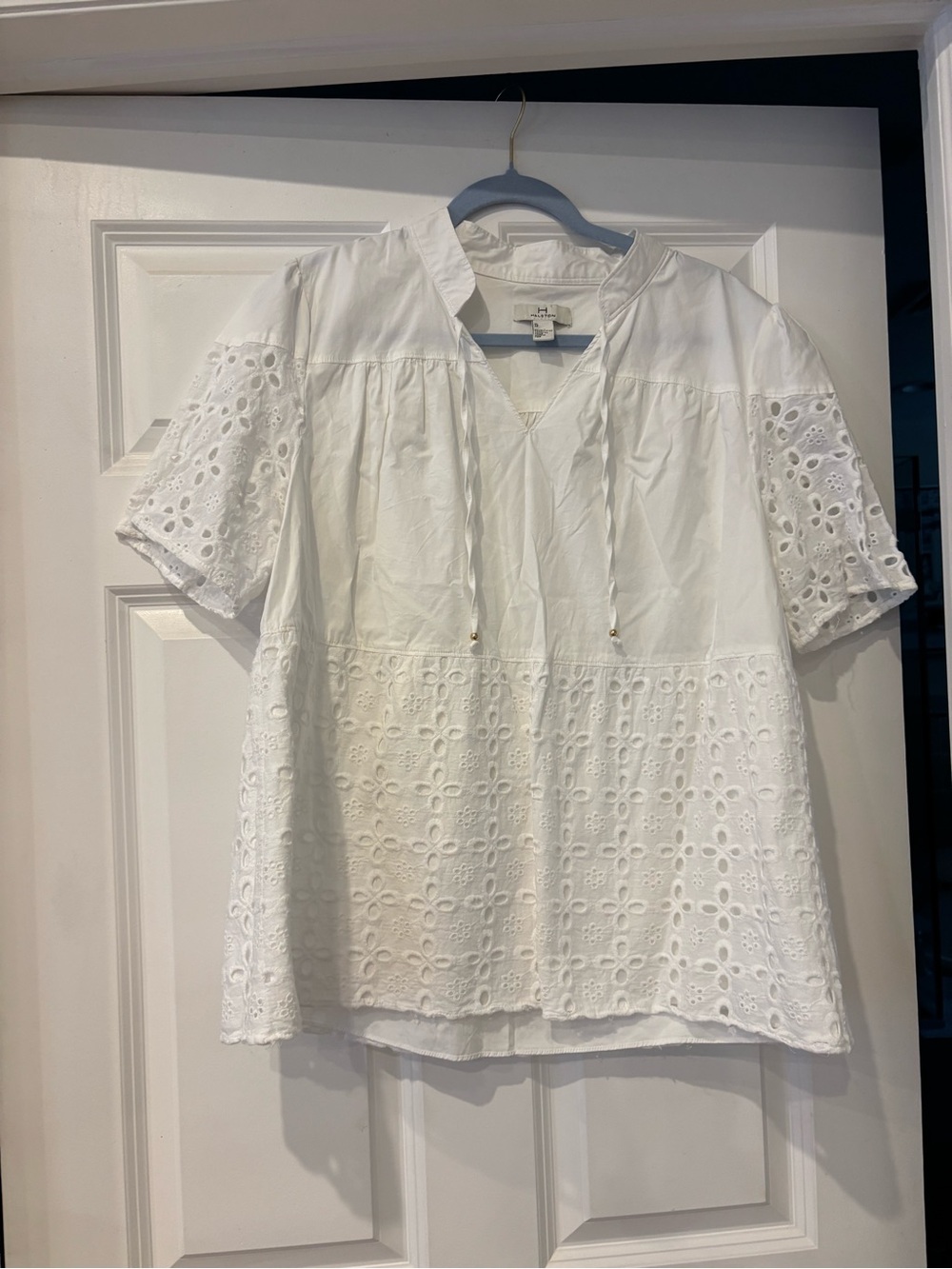 Halston Heritage White Eyelet Peasant Blouse